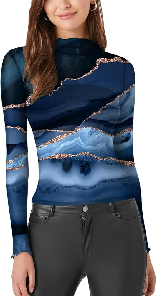 SAUKOLE Women’s Mesh Sheer Long Sleeve Lace Tops Trendy Mock Neck See Through Shirt Blouses | Amazon (US)