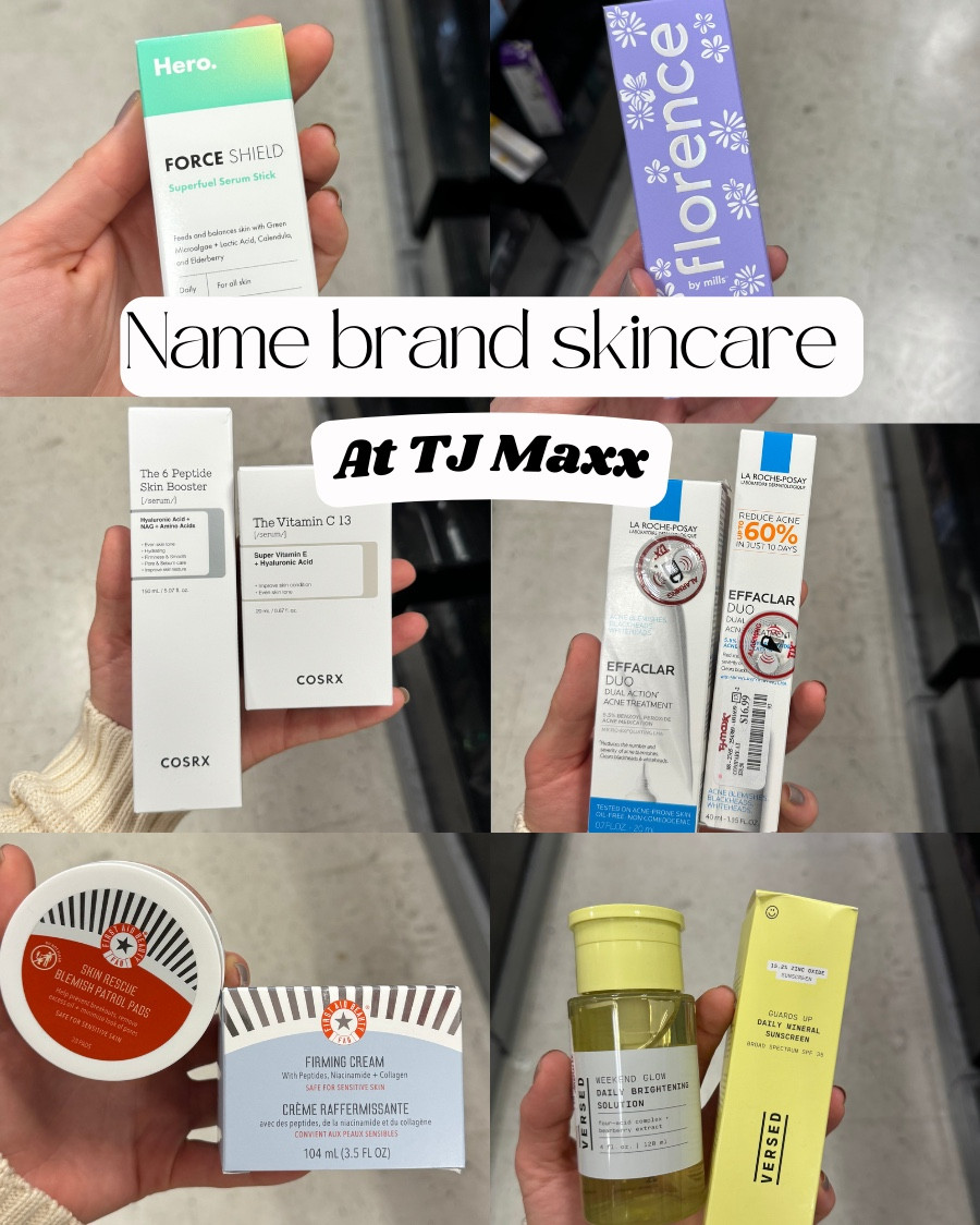 First Aid Beauty
-This is a great, typically unscented brand that is sensitive skin safe and I love!
-Firming Cream
-Discontinued $20 online, $8 at Marshalls
-Skin Rescue Blemish Patrol Pads
-$66 online, $16 at Marshalls

Hero.
-Ultra-restorative gel serum to keep skin strong, glowy, and ready for anything
-Force Shield: Superfuel Serum Stick
-$13 online, $8 at Marshalls

CORSX
-Love this K-Beauty brand. Their snail mucin was the only -thing that got my skin adjusted to tret
-The Vitamin C 13
-$25 online, $17 at Marshalls
-The 6 Peptide Skin Booster
-$25 online, $13 at Marshalls

La Roche-Posay
-A dermatologist recommended brand that has sensitive skin and non-scented products
-Effaclar Duo Acne Treatment 40 ml
-$46 online, $17 at Marshalls
-Effaclar Duo Acne Treatment 20 ml
-$23 online, $10 at Marshalls

Versed Skin
-A clean, cruelty free, and vegan brand
-Guards Up Mineral Sunscreen
-$25 online, $6 at Marshalls
-Weekend Glow
-$15 online, $5 at Marshalls