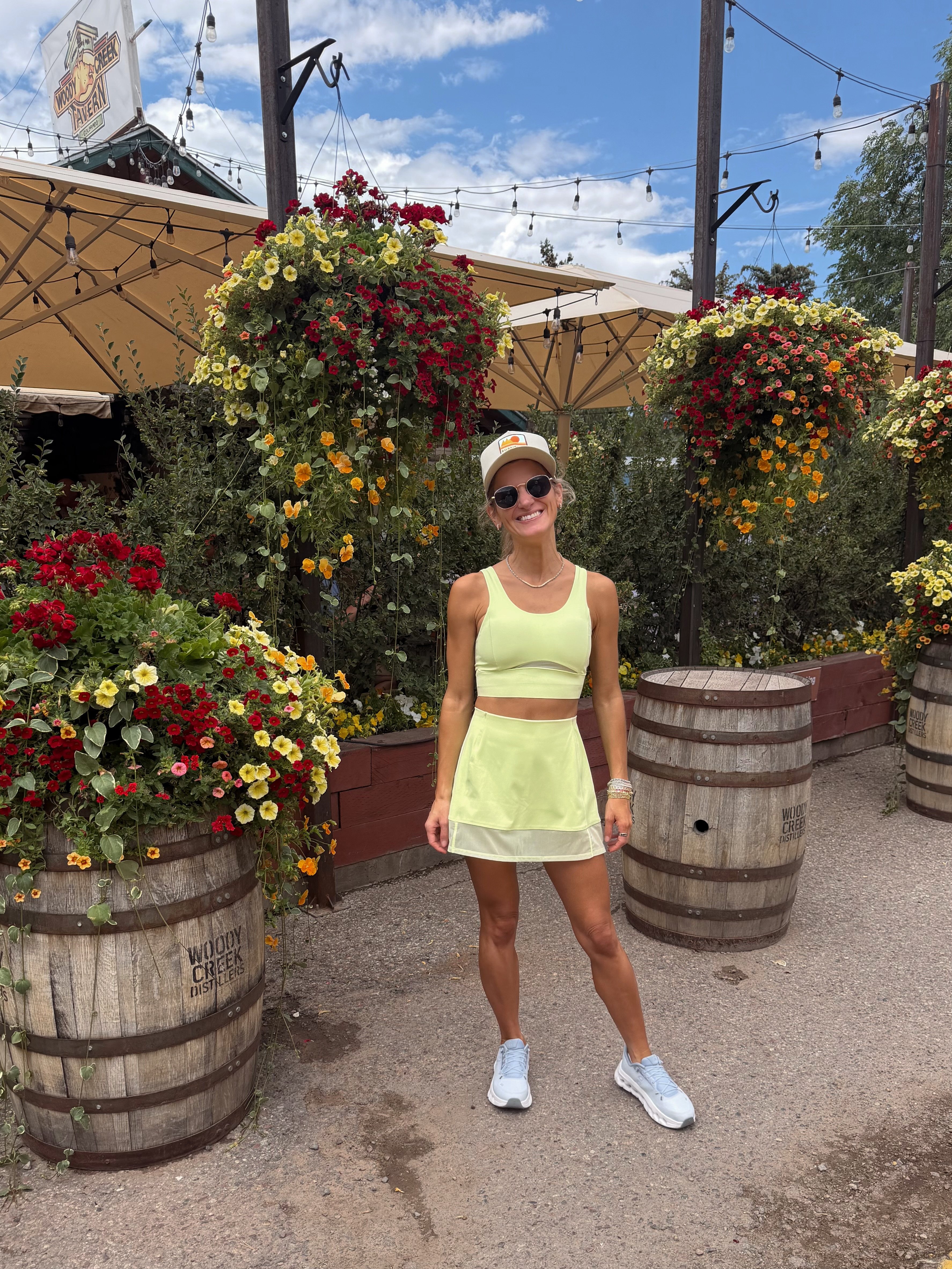 bike ride to woody creek tavern for lunch wearing spanx lime green skirt matching workout set 

 #LTKdayinmylife #LTKootd #LTKmomlife