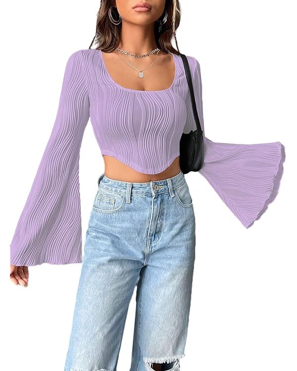 Avanova Women Bell Long Sleeve Square Neck Crop Top Asymmetrical Textured Shirts | Amazon (US)