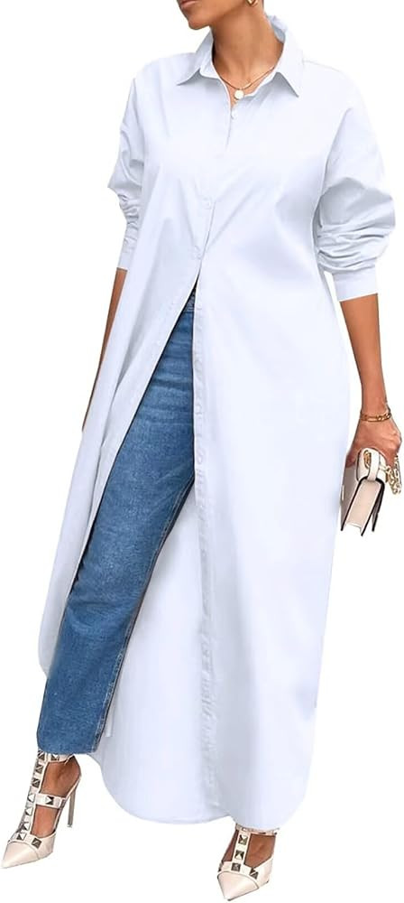 Salimdy Button Down Shirts for Women Oversized Collar Long Sleeve Shirt Dresses Maxi Dresses Vaca... | Amazon (CA)