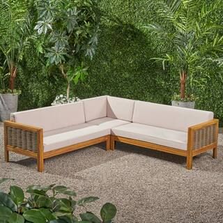 Linwood Teak Brown 3-Piece Wood and Wicker Outdoor Sectional Set with Beige Cushions | The Home Depot