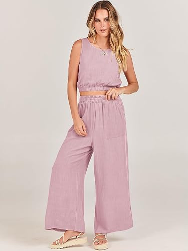 ANRABESS Women’s Summer 2 Piece Outfits Sleeveless Crop Top Tank and Wide Leg Pants Linen Jumps... | Amazon (US)