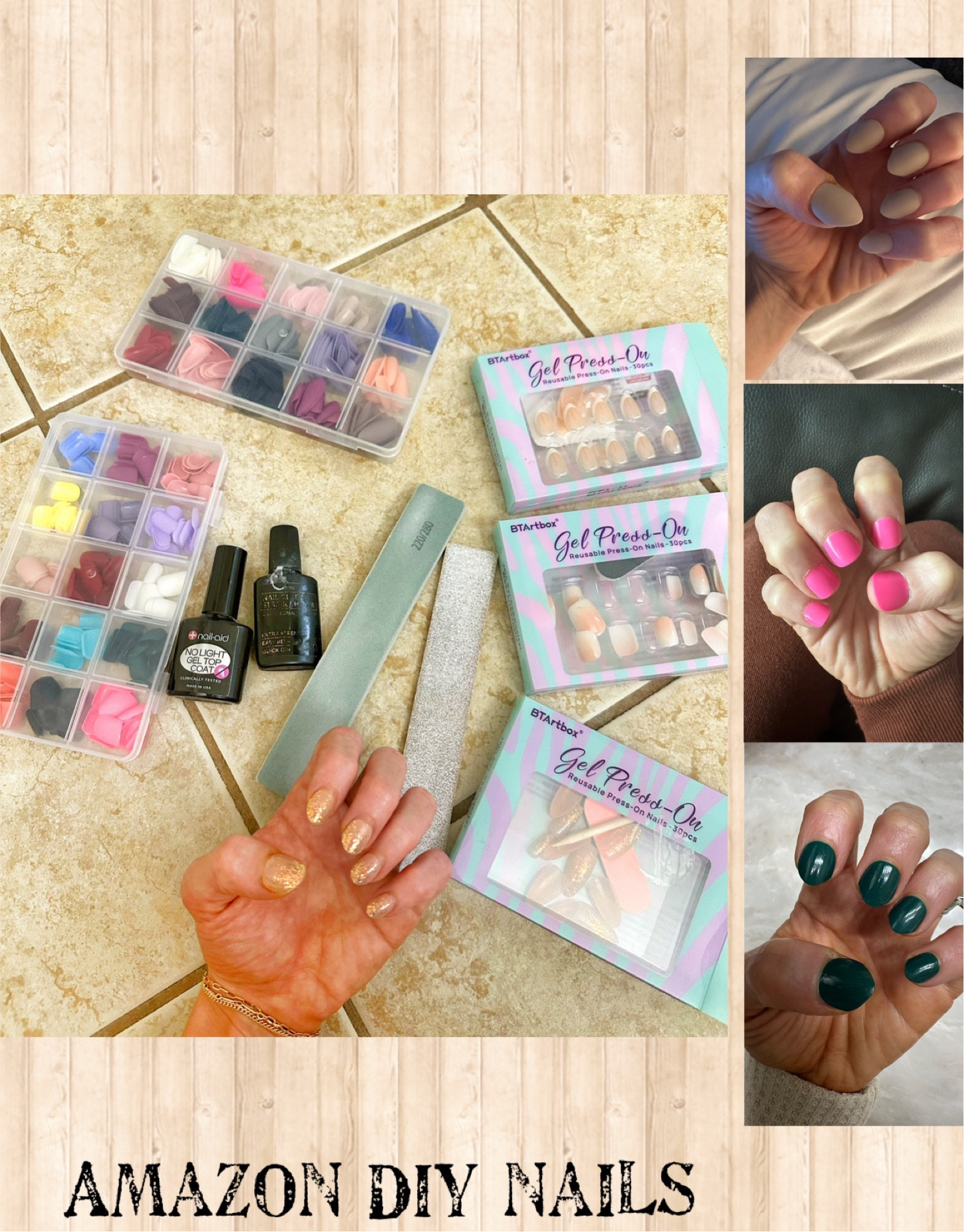 Amazon nail favorites 
Super easy to do
Saving time and money 
The BT Artbox nails are my favorite the quality is so good! And they last. I’ve had my current ones on for roughly 2 weeks now. Occasionally have to reglue if one pops off but super simple. 
Glue, cut/file 
No light Gel top coat 