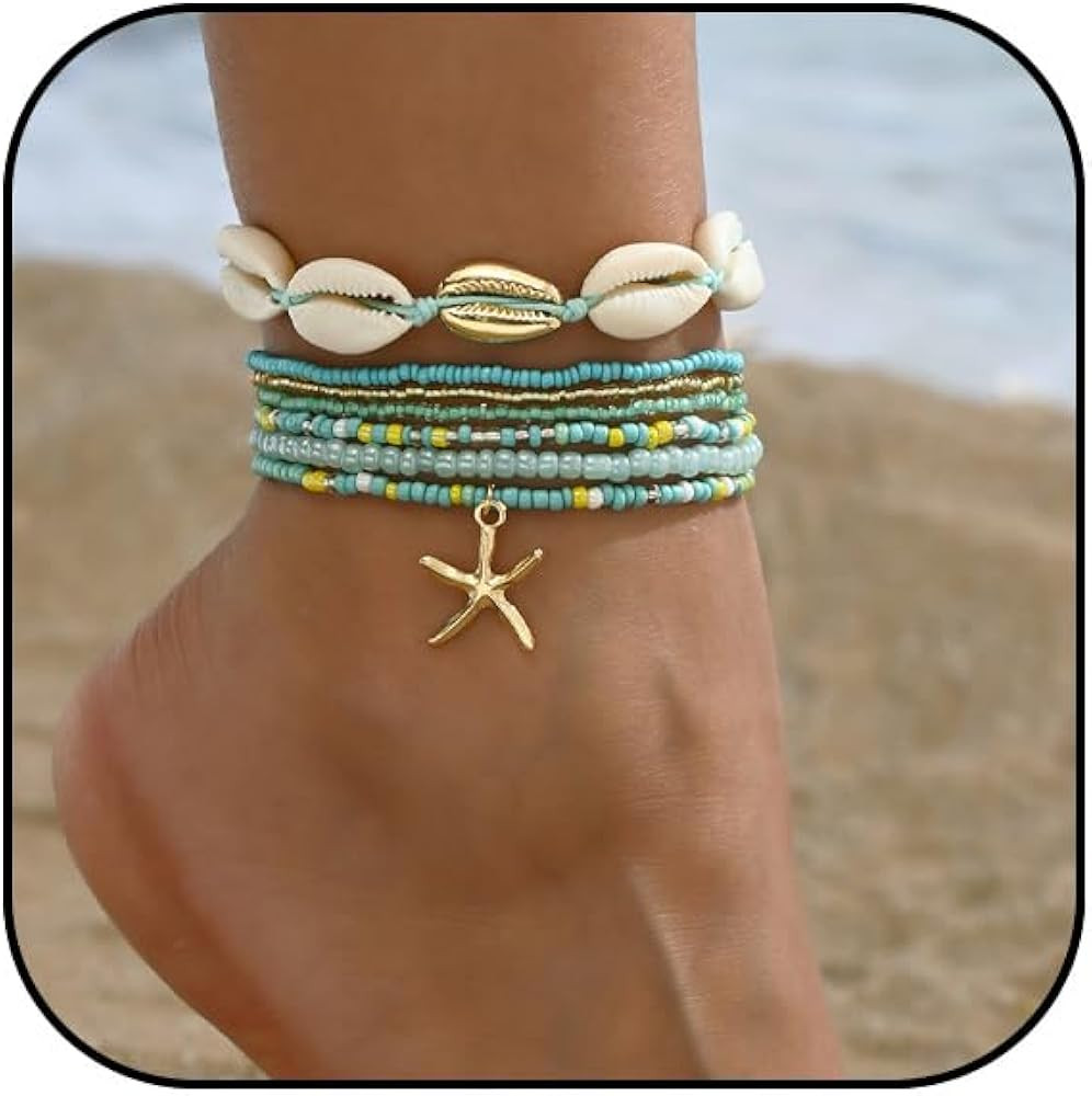 Shell Starfish Anklets Bracelet for Women Colorful Beaded Puka Shell Anklet Hawaiian Beach Seashe... | Amazon (US)