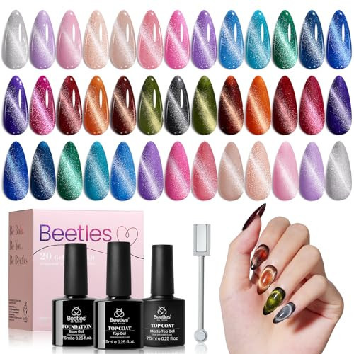 Beetles Cat Eye Gel Nail Polish Set - 20 Colors Nude Pink Green Blue Purple Brown Black Cat Eye Nail Polish Kit with Magnet Base Coat Glossy Matte Top Coat Soak Off UV Salon DIY Gift for Women | Amazon (US)