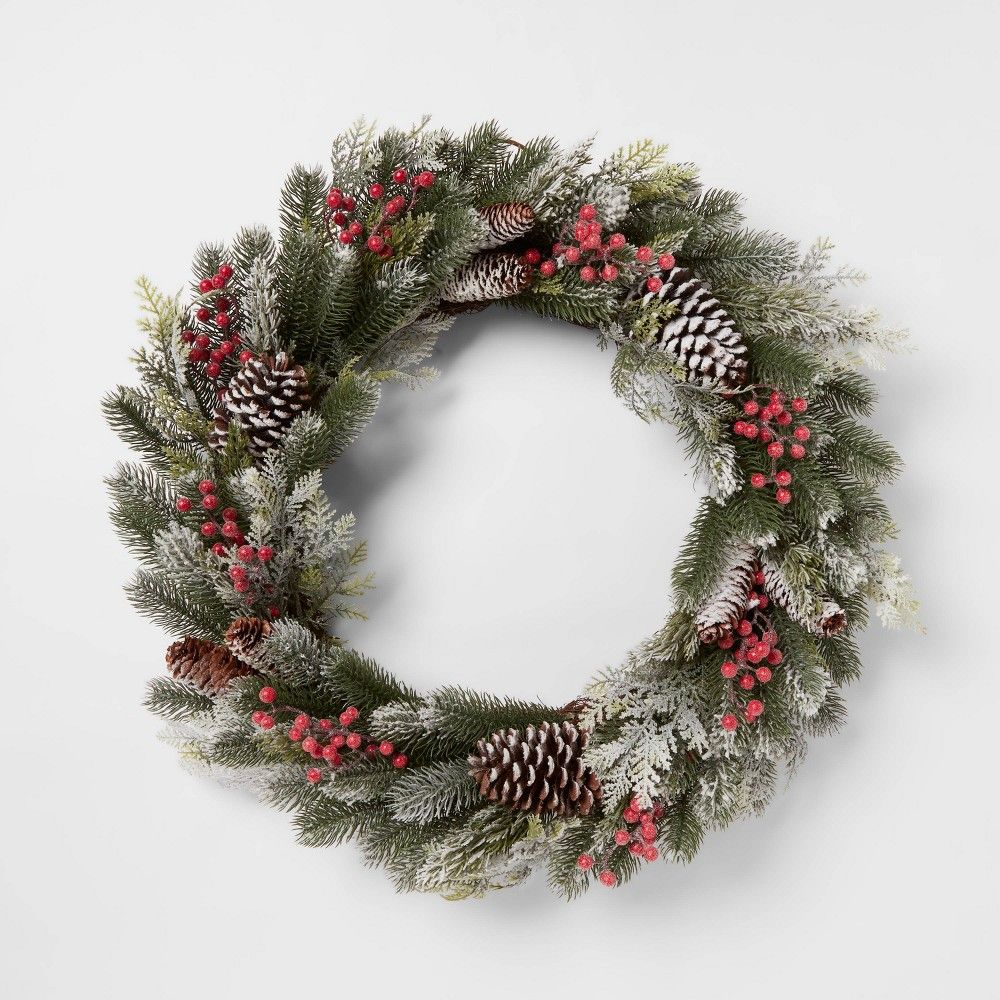 28"" Christmas Frosted Pine & Berry Wreath - Threshold | Target