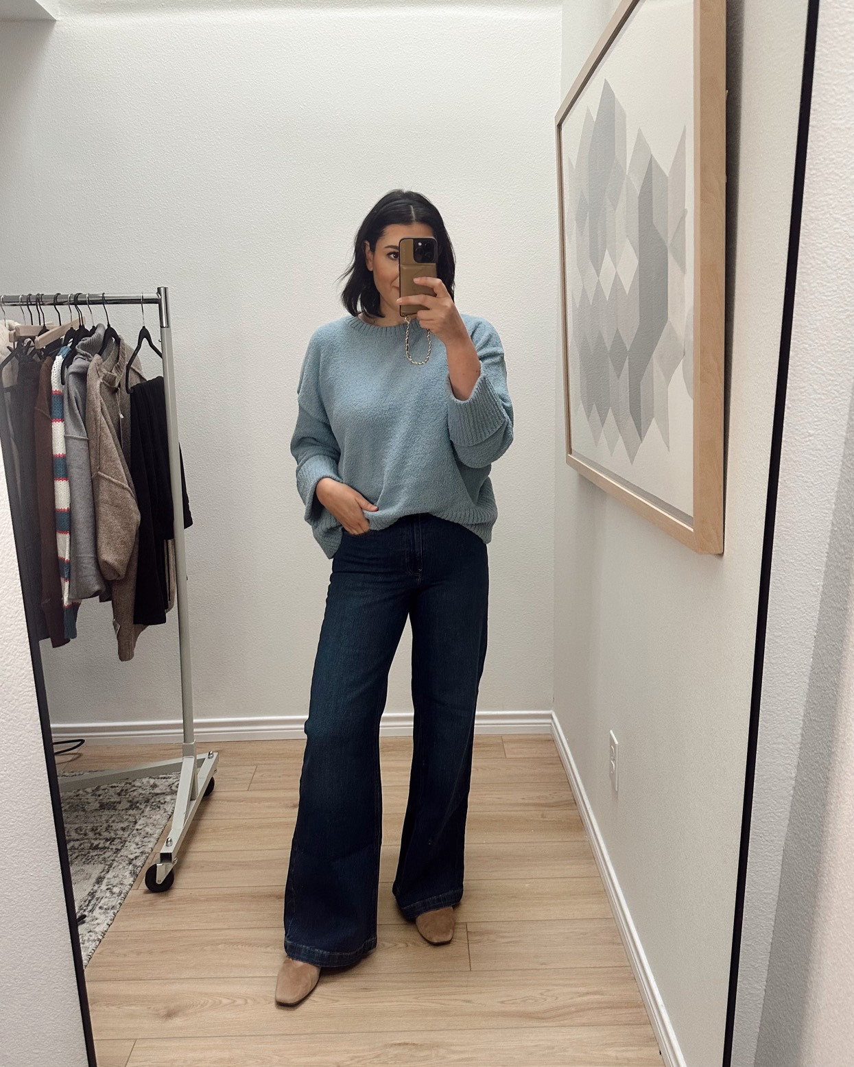 I'm in the medium of the sweater -- generous fit! 

I'm in the 30 of the jeans, regular length. $35 today!! 

 