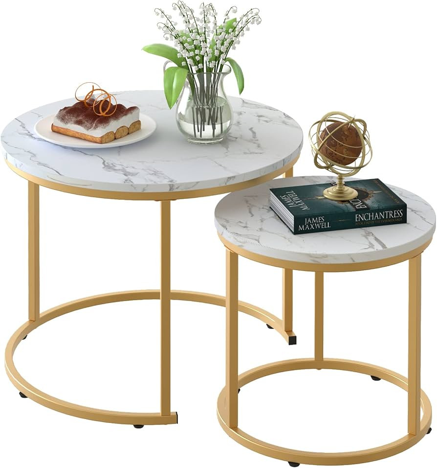 aboxoo Coffee Table Nesting White Set of 2 Side Set Golden Frame Circular and Marble Pattern Wood... | Amazon (US)