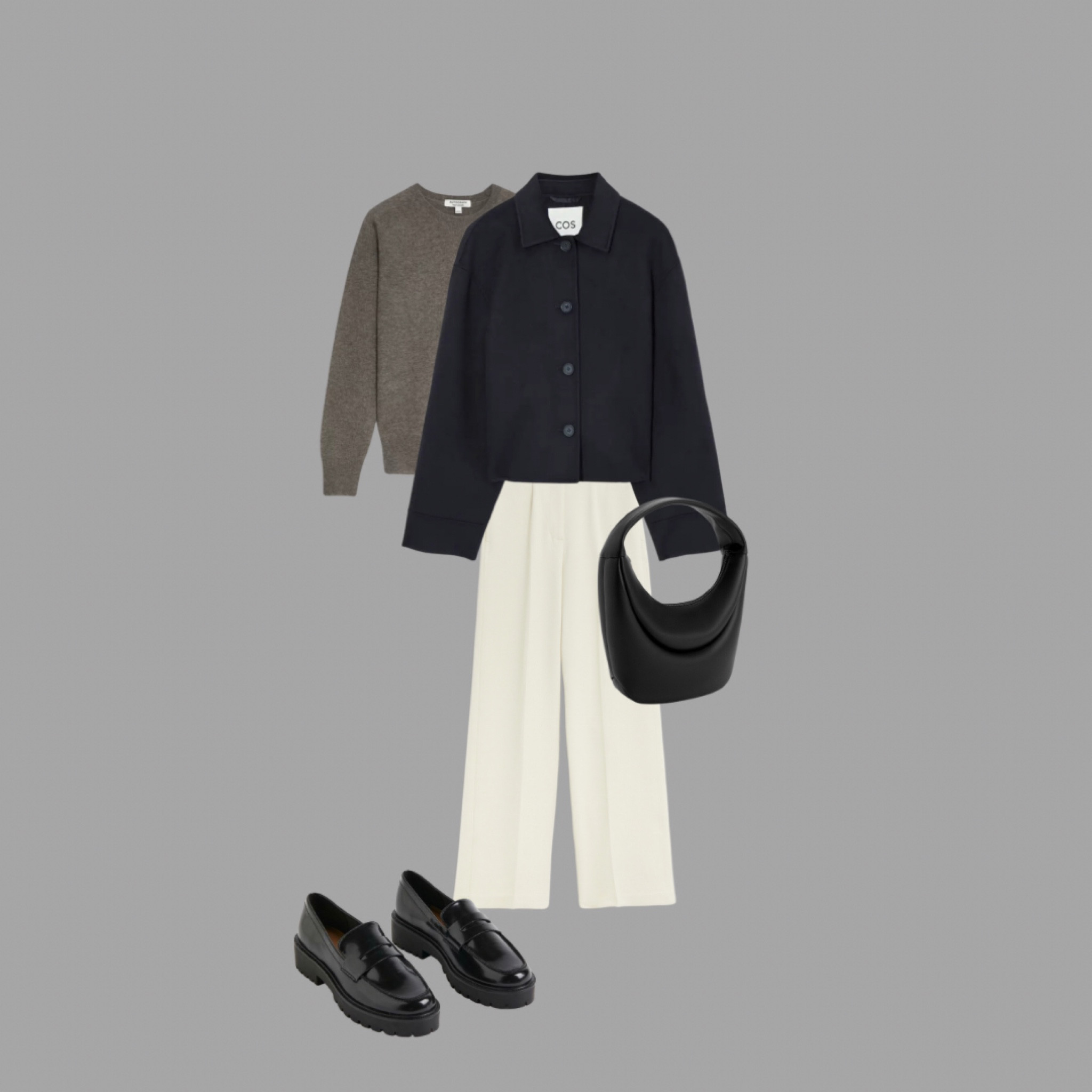 Autumn jackets. Navy boxy wool jacket from cos, cream crepe wide leg trousers, a grey knit and a structured  bag with chunky loafers