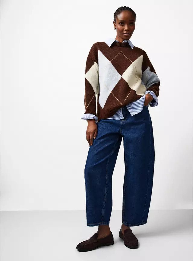Brown Oversized Argyle Jumper M | Tu Clothing