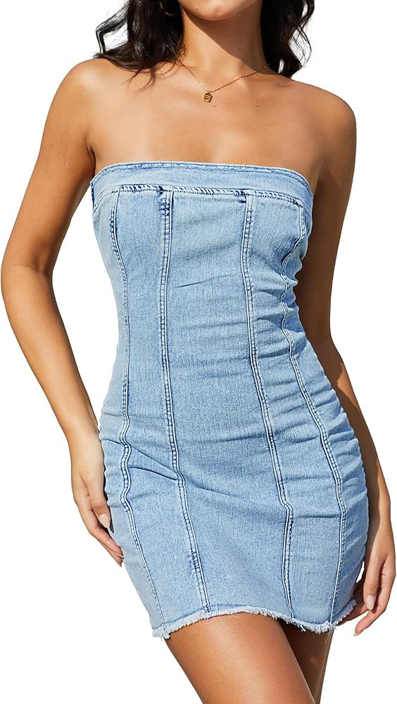 ELLEVEN High Stretchy Strapless Denim Dress for Women, Summer Sexy Bodycon Mini Jean Dresses for ... | Amazon (US)
