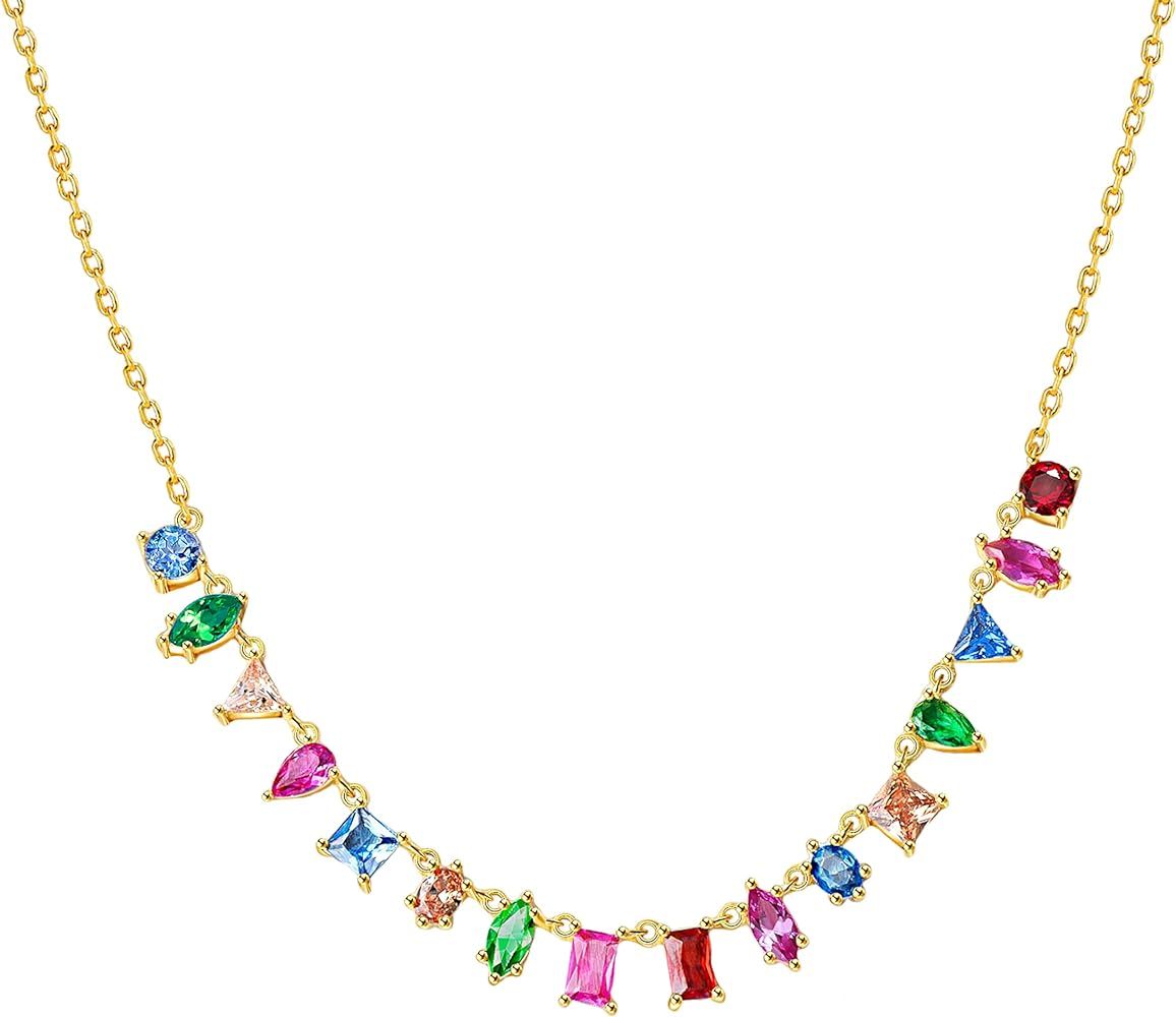 Amazon.com: G&GEMSJEW Women Gold Colorful Gemstone Necklace Multicolor CZ Rainbow Chain Choker fo... | Amazon (US)