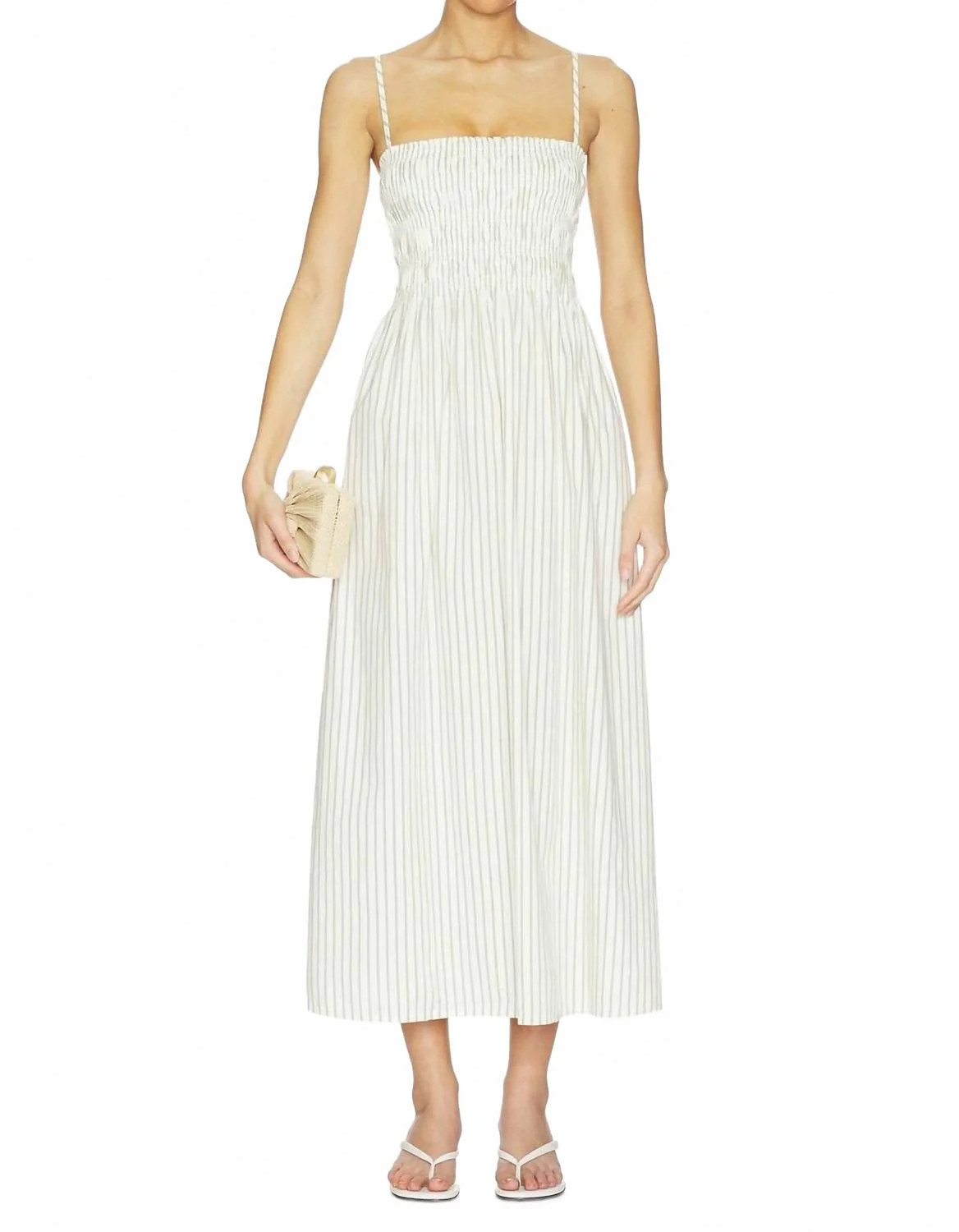 Bianca Shirred Bodice Dress In Sage Egret Stripe | Shop Simon