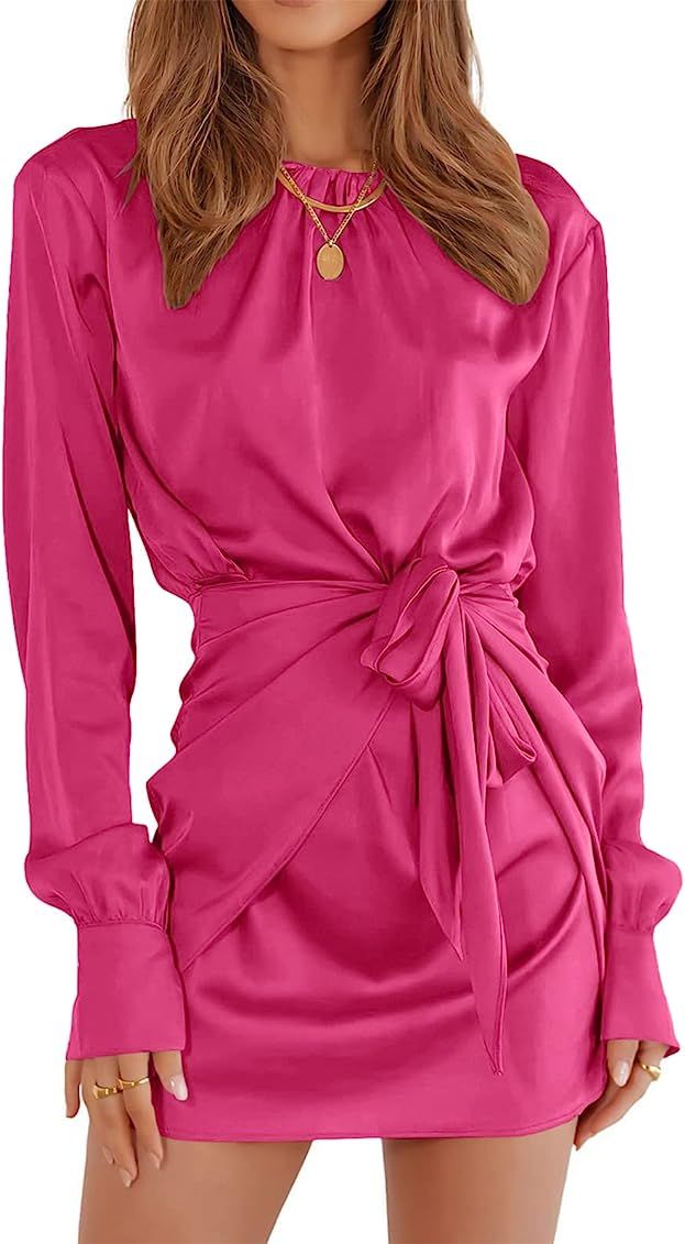 ANRABESS Women Casual Long Sleeve Crewneck Ruched Wrap Short Party Dress Tie Waist Satin Cocktail Dr | Amazon (US)