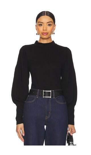 Long Sleeve Shirred Sleeve Mockneck Top in Black | Revolve Clothing (Global)