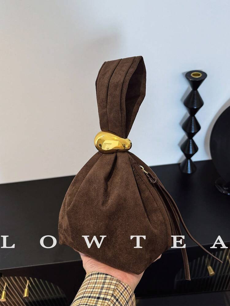 Low Tea 1pc Solid Color Suede Fabric Handbag For Women, Personalized Mini Cloud Pleated Bag With Metal Decor Zipper Closure, Suitable For Daily And Outing Use | SHEIN