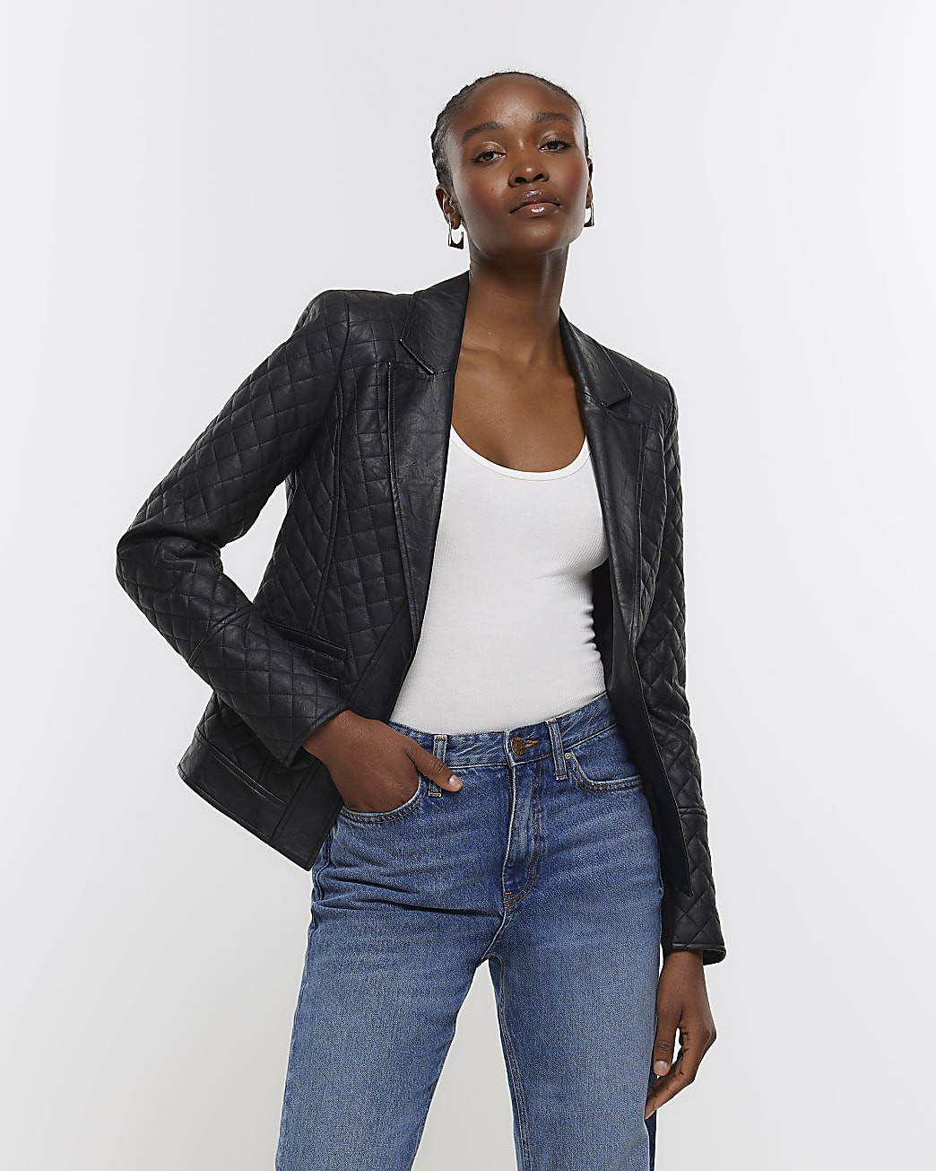 Black faux leather quilted blazer | River Island (UK & IE)