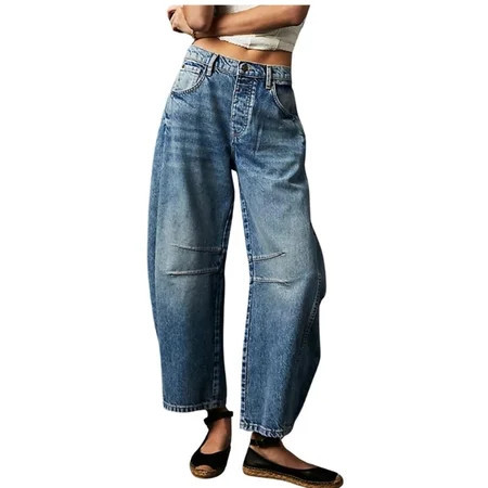 Womens Stretchy Mid Rise Barrel Jeans Vintage Loose Wide Leg Cropped Denim Pants Jeans | Walmart (US)