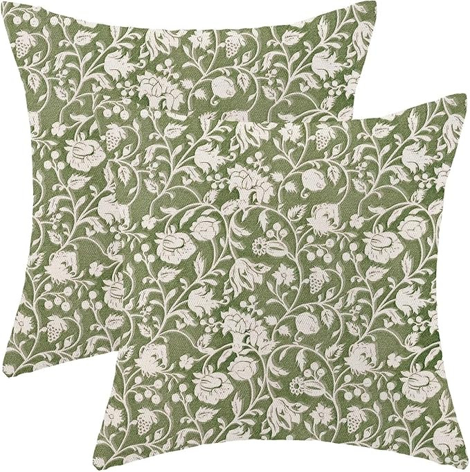 Sage Green Floral Throw Pillow Covers 18x18 Set of 2, Flower Print Linen Decorative Pillow Cover ... | Amazon (US)