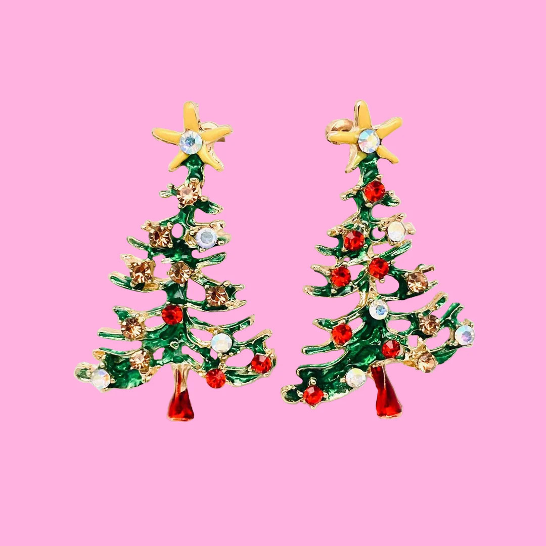 Rhinestone Enamel Christmas Tree Post Earrings | Teggy French