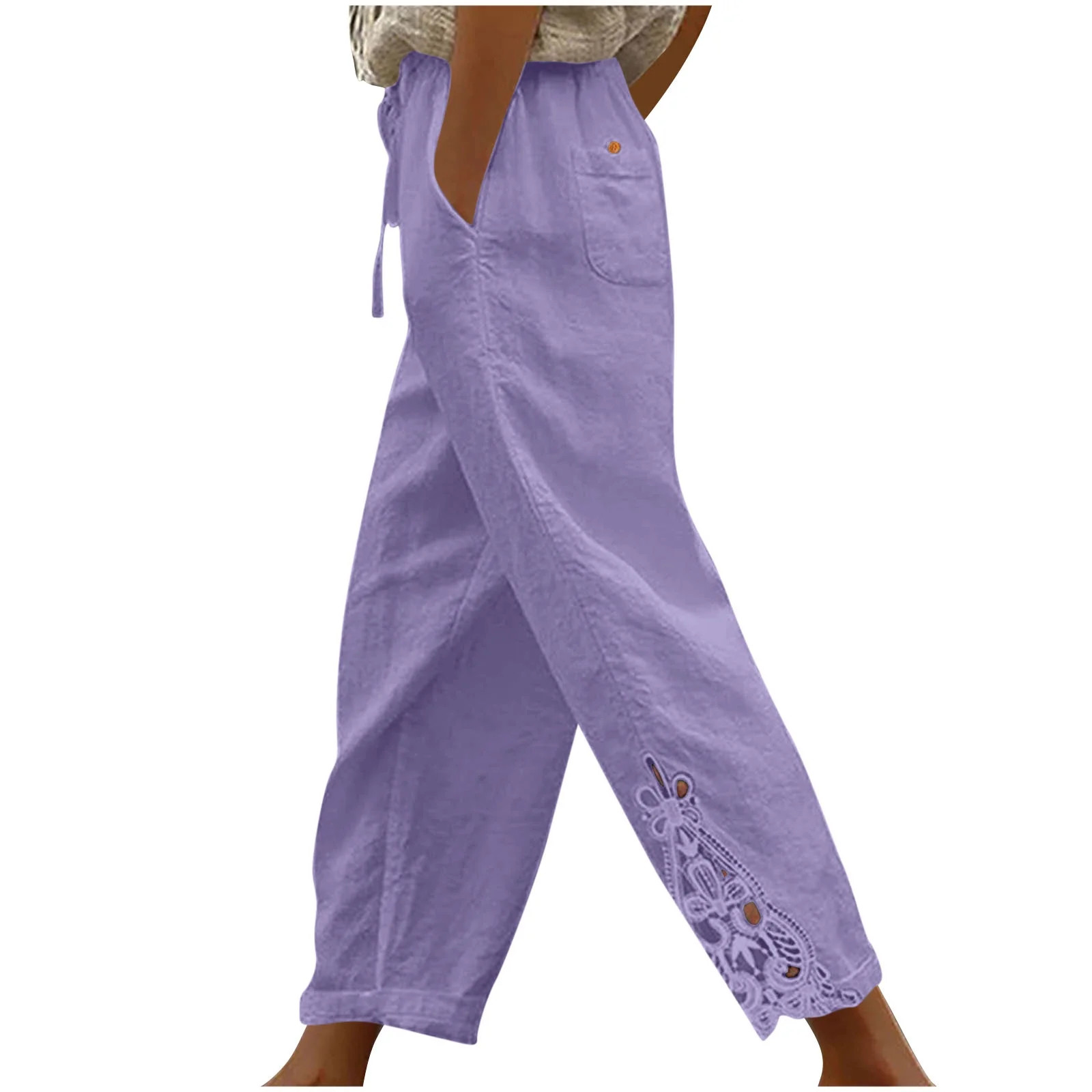 Diufon Womens Boho Pants Linen Palazzo Pants Summer Casual Wide Leg Drawstring Lace Trim Pants wi... | Walmart (US)