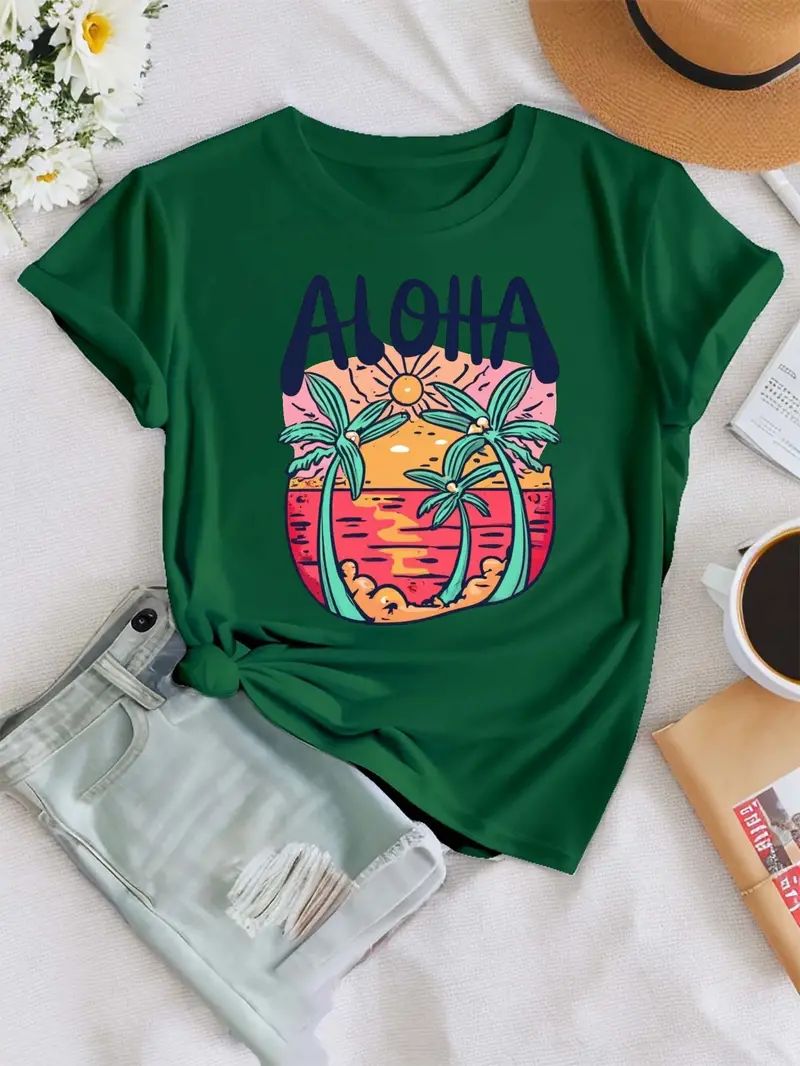 ALOHA T-shirt Design Print T-shirt, Short Sleeve Crew Neck Casual Top For Summer & Spring, Women'... | Temu Affiliate Program
