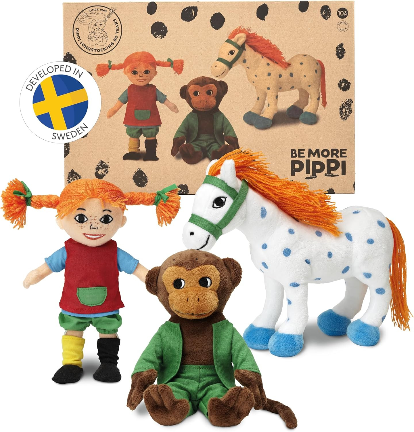 Pippi Langstrumpf Kuscheltier-Set - Mit Pippi Stoffpuppe (20 cm), Herr Nilsson AFFE (16 cm) & Kle... | Amazon (DE)