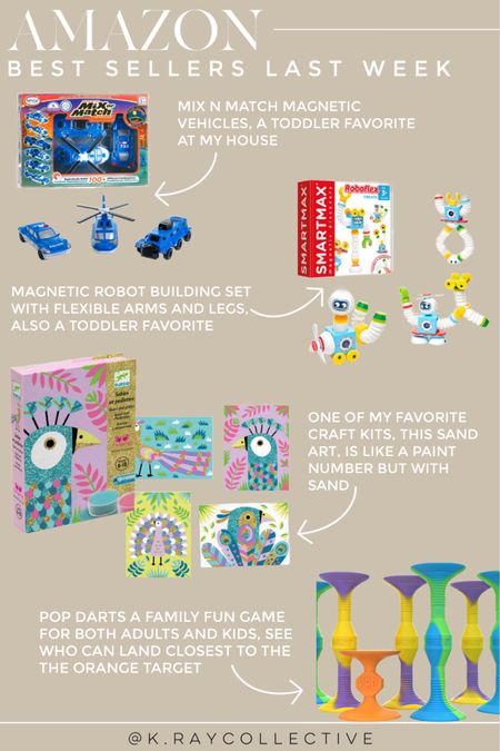 Here’s our favorite and best selling links on Amazon last week in kids toys.  These mix n match magnetic vehicles and roboflex magnetic robot builders are my toddlers go to toys.  We own in love this sand painting kit. It’s like paint by number but with sand.  Lastly a fun toss the dart game for both kids and adults.

#KidsBirthdayGifts #KidsGiftIdeas #ToddlerGifts #ToddlerToys #KidsGames #KidsToys #KidsGifts #GiftIdeas #AmazonbestSellers #BestSellers


#LTKkids #LTKGiftGuide #LTKfamily