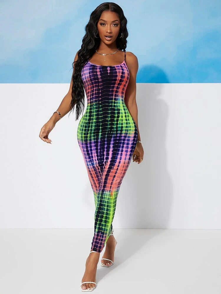 SHEIN SXY Color Block Tie Dye Cami Bodycon Dress | SHEIN