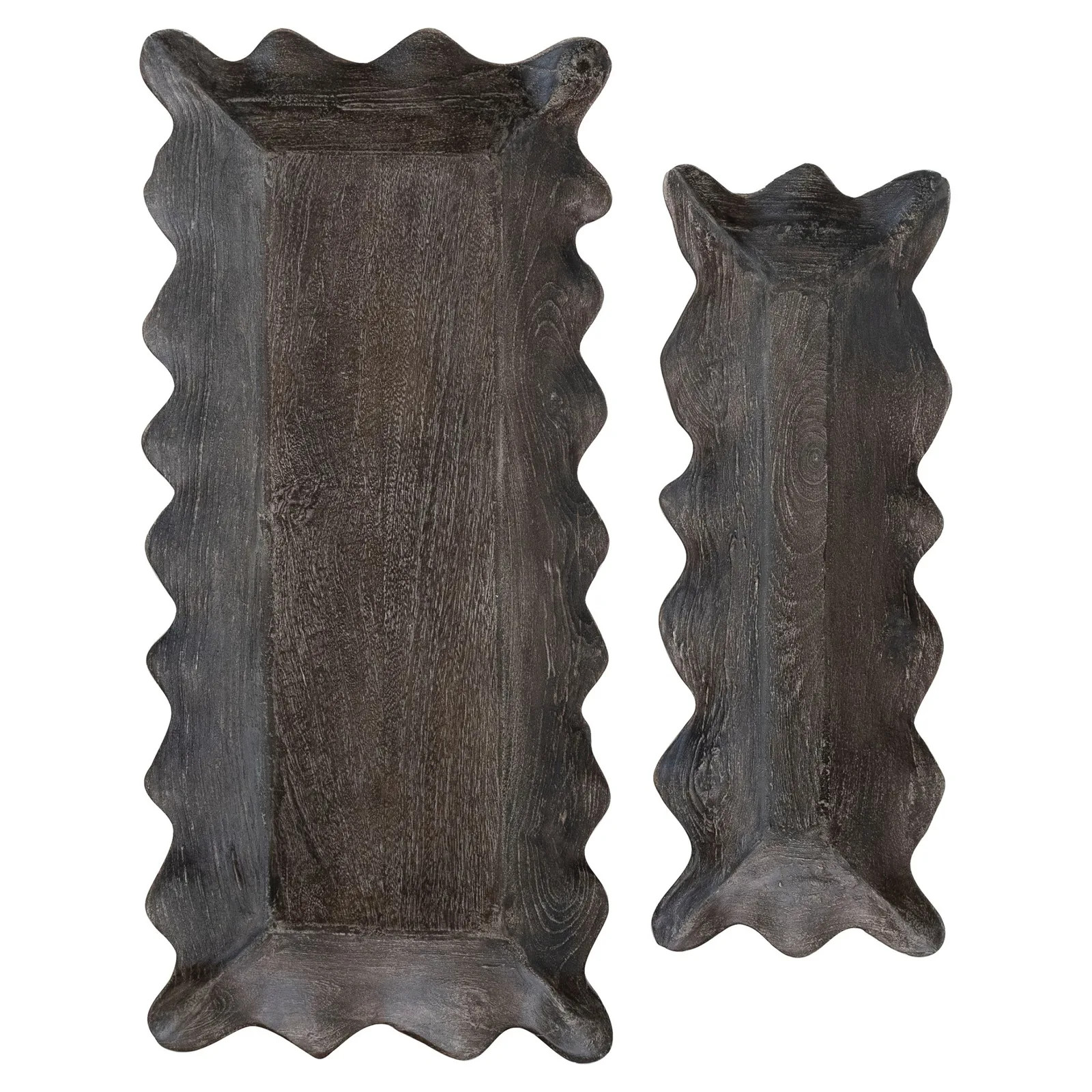 Elliot French Country Black Mango Wood Scalloped Tray - Set of 2 | Kathy Kuo Home