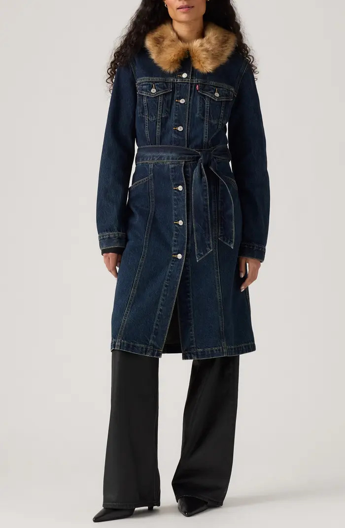 Mob Wife Belted Denim Coat with Removable Faux Fur Collar | Nordstrom