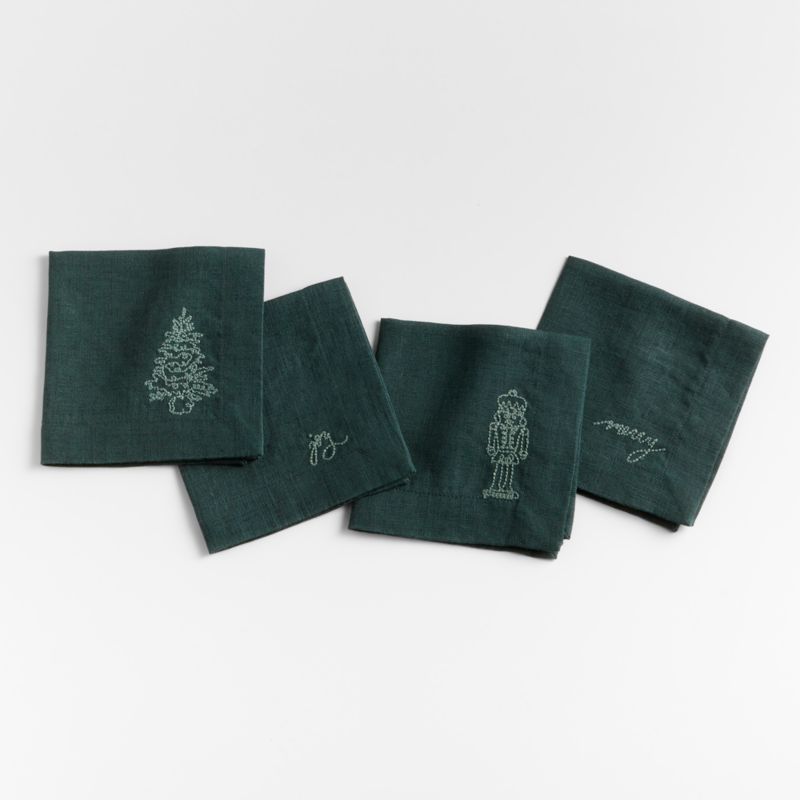 Marin Spruce Green Christmas Embroidered Cocktail Napkins, Set of 4 + Reviews | Crate & Barrel | Crate & Barrel