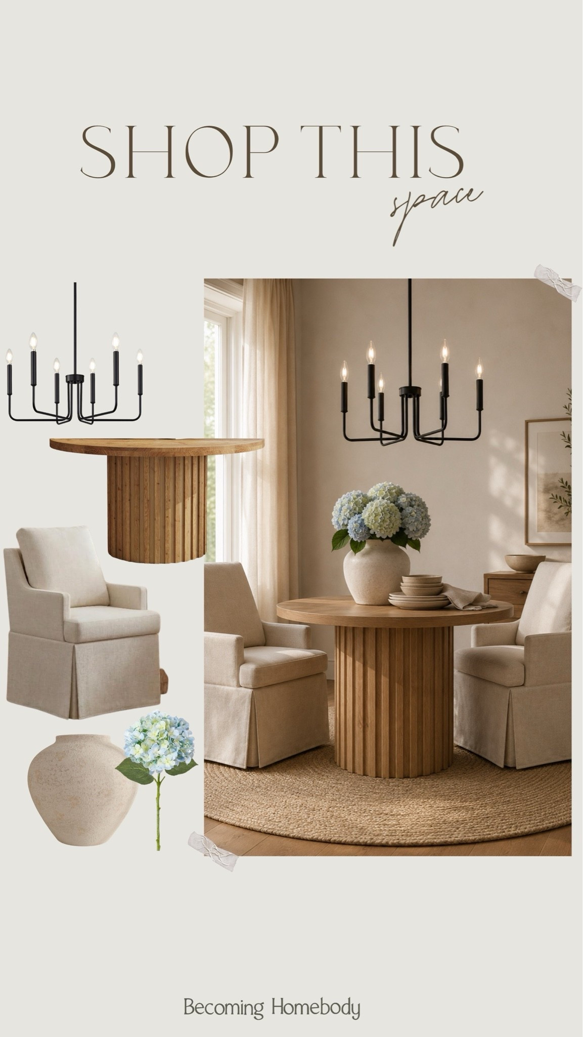 Shop this pretty coastal dining room nook 🤎🙌🏻 I love this round dining table, upholstered chairs, and the prettiest lighting fixture. 😍