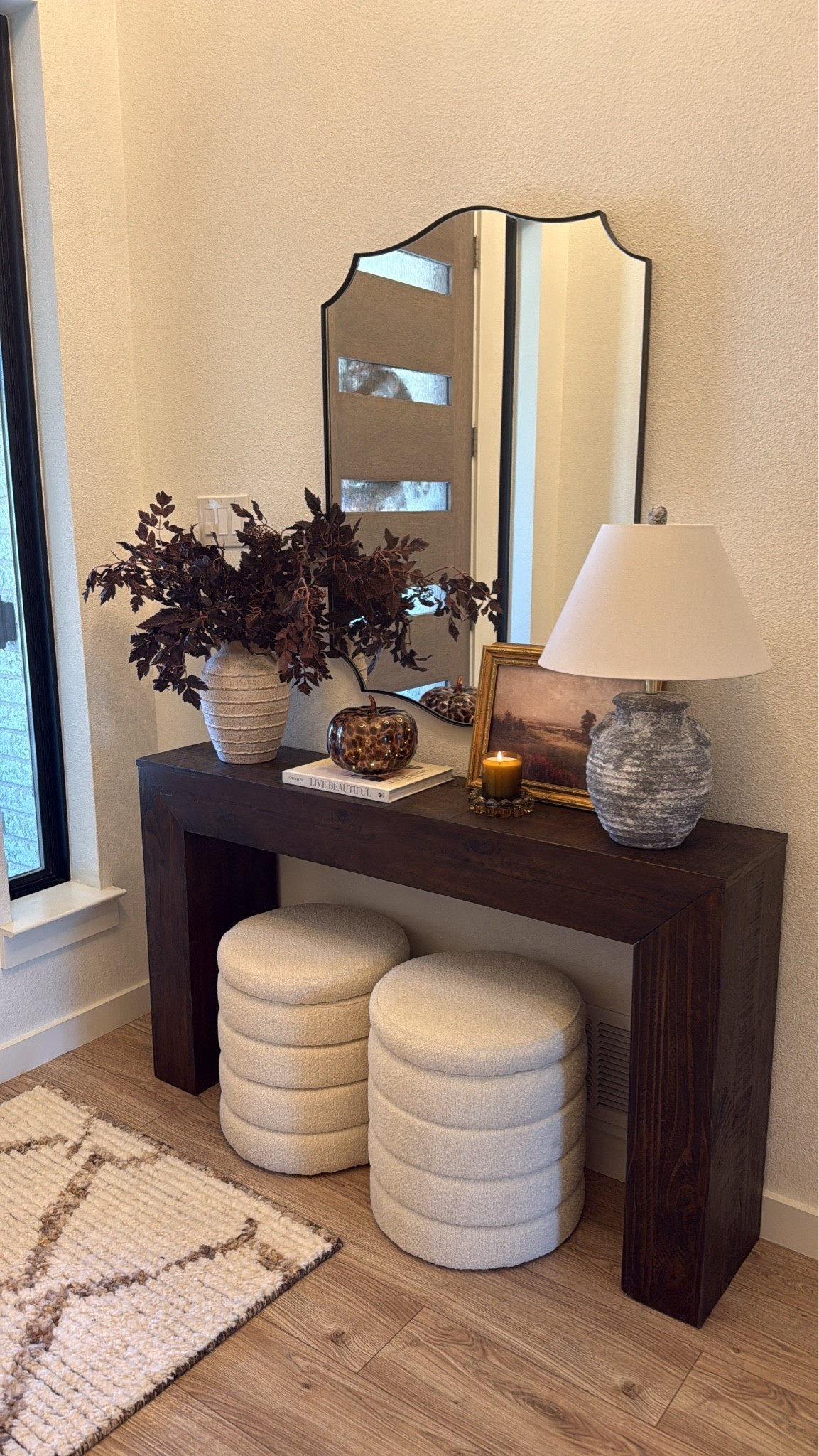 Cozy fall decor, entryway, organic modern, fall decorations, entryway table