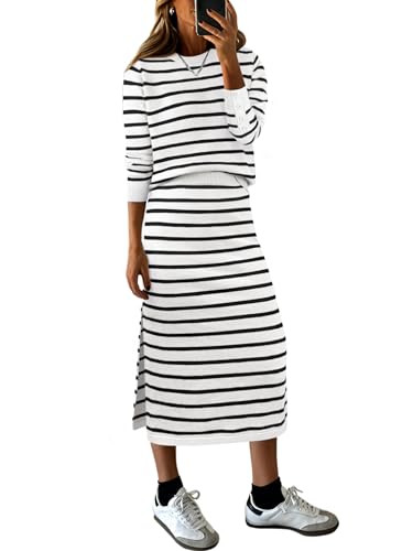 ANRABESS 2 Piece Skirts Sets For Women Fall Fashion 2025 Striped Sweater Midi Dress Knit Lounge Travel Outfits Winter Clothes Black White Large | Amazon (US)