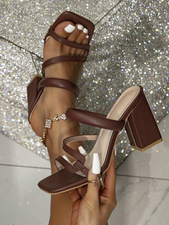 Ladies' High-Heeled Sandals, Brown Mules Shoes, Brown High-Heeled Sandals For Outdoor Wear, Banquet High-Heeled Shoes, Brown Mules Slippers, Square Toe Mules Shoes, Women's Shoes Leather Women's Shoes Sandals | SHEIN