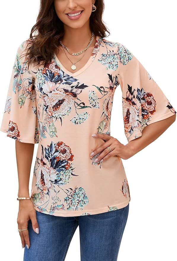 Women's Blouse Tops 3/4 Bell Sleeve Loose V Neck Shirt Dressy Apricot Flower XL | Amazon (US)