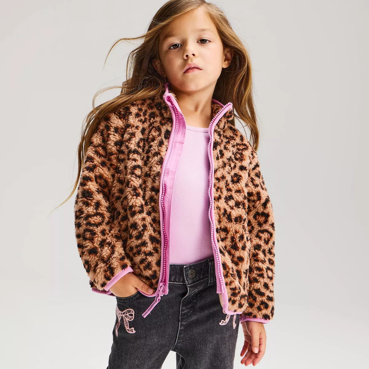 Toddler Girls' Leopard Print Fleece Jacket - Cat & Jack™ Brown/Pink 3T | Target