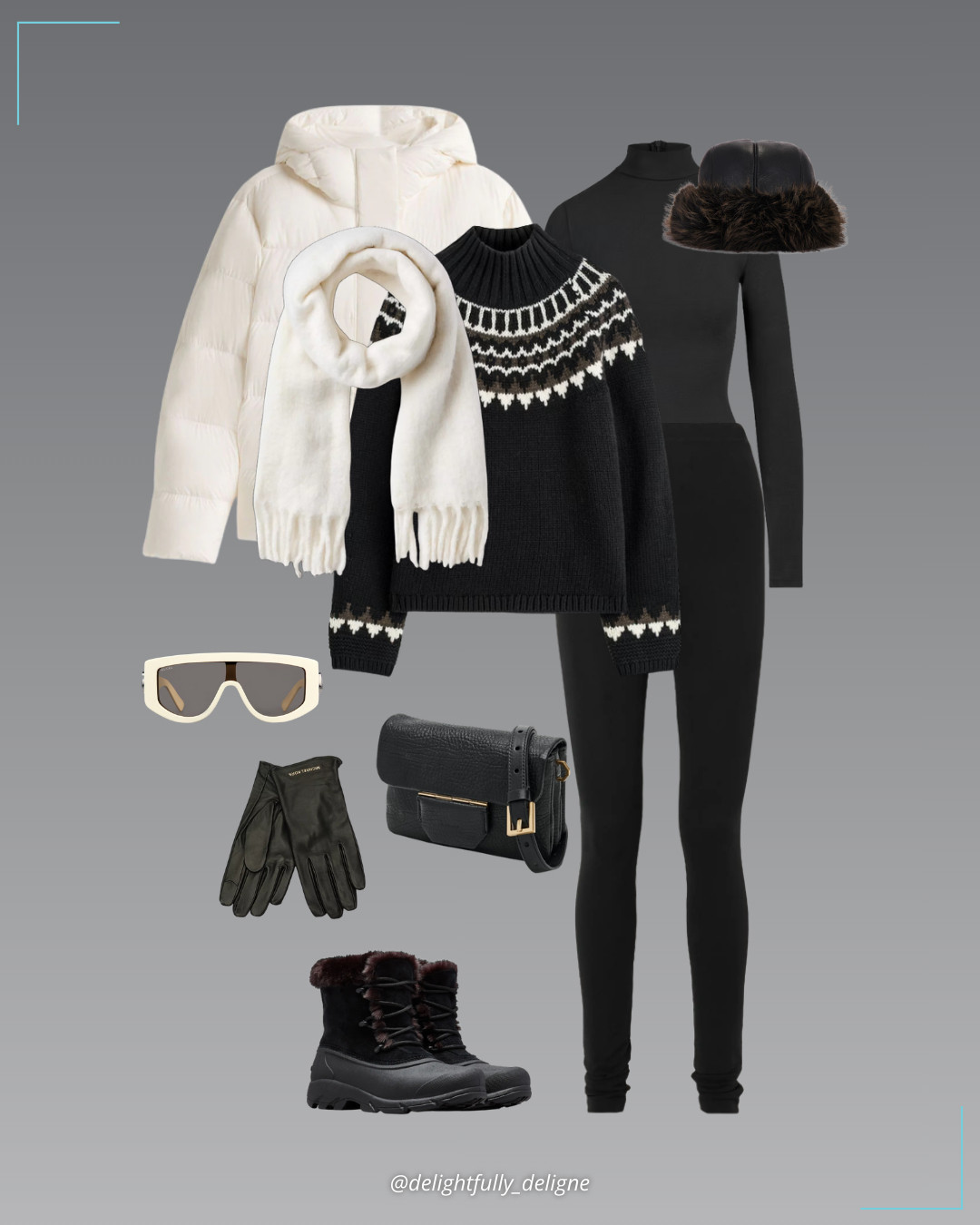 Après Ski Ease 🖤🤍 Fair Isle wool-cashmere sweater layered over a long-sleeve turtleneck, white down hooded puffer jacket, stretch-jersey leggings, snow angel™ women’s boots, faux shearling roller hat, blanket scarf, leather tech gloves, Jupiter Grain crossbody bag & rectangular frame sunglasses.   

 #LTKootd #LTKSeasonal #LTKOver40