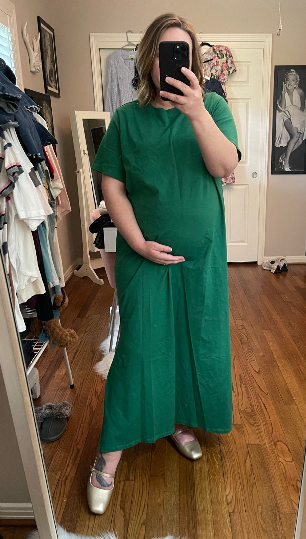 Old navy dress, t-shirt dress, tee dress, maxi dress, spring dress, casual dress, spring style, green dress, gold flats, casual Friday, Mary Janes

#LTKBump #LTKMidsize #LTKootd