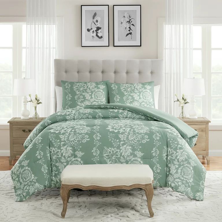 My Texas House Caroline 3-Piece Green Floral Slub Comforter Set, Full/Queen | Walmart (US)