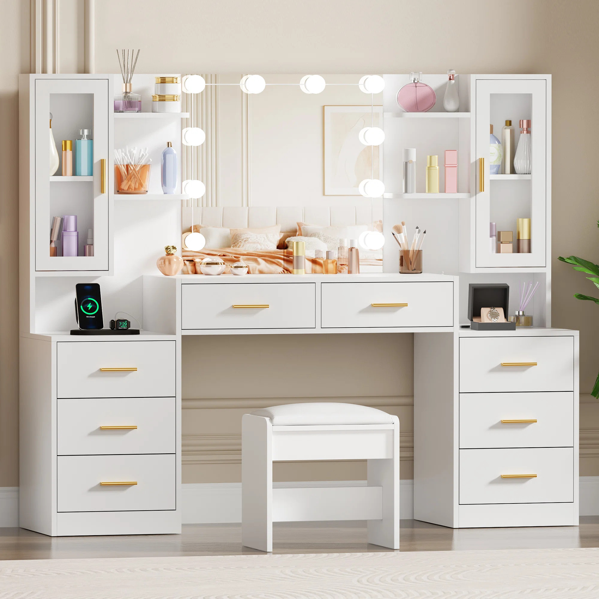 Adriel 59.1" Large Vanity Desk Table With Mirror & Lights, Power Outlet And 8 Drawers 2 Cabinets | Wayfair North America
