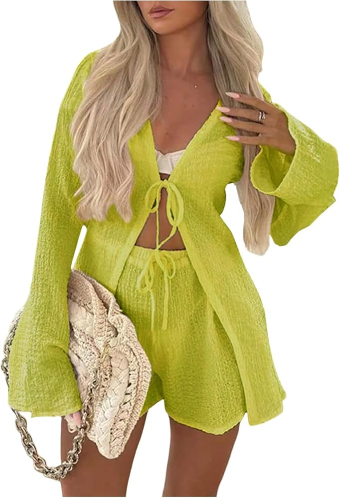 GORGLITTER Women's 2 Piece Tie Front Sets Bell Long Sleeve Tops and High Waisted Shorts Sets Coas... | Amazon (US)