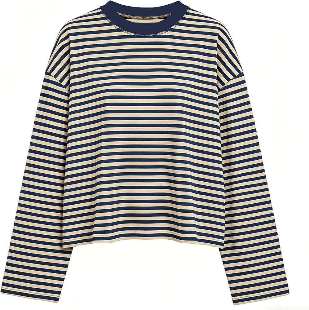 KOSUSANILL Women Oversized Striped Long Sleeve Shirt Crewneck Cropped Tops Drop Shoulder Y2K Prep... | Amazon (US)