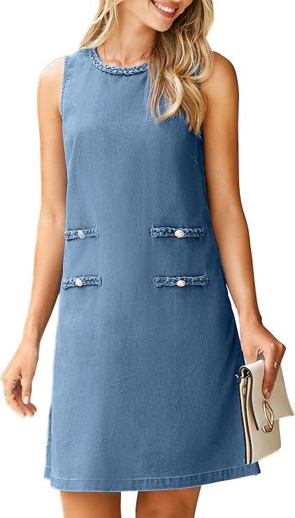 Simplee Womens Denim Dress Summer Sleeveless Casual Mini Dresses Crewneck Western Jean Dress with... | Amazon (US)