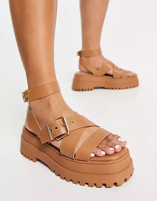 Public Desire Follow chunky sandals with ankle strap in camel | ASOS (Global)