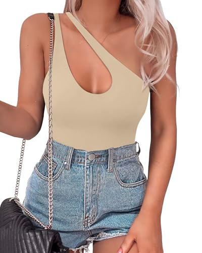 SAUNGKUAI Women's Sexy One Shoulder Sleeveless Cutout Thong Bodysuit Tank Top Body Suits V Backless Tummy Control Shapewear Beige M | Amazon (US)