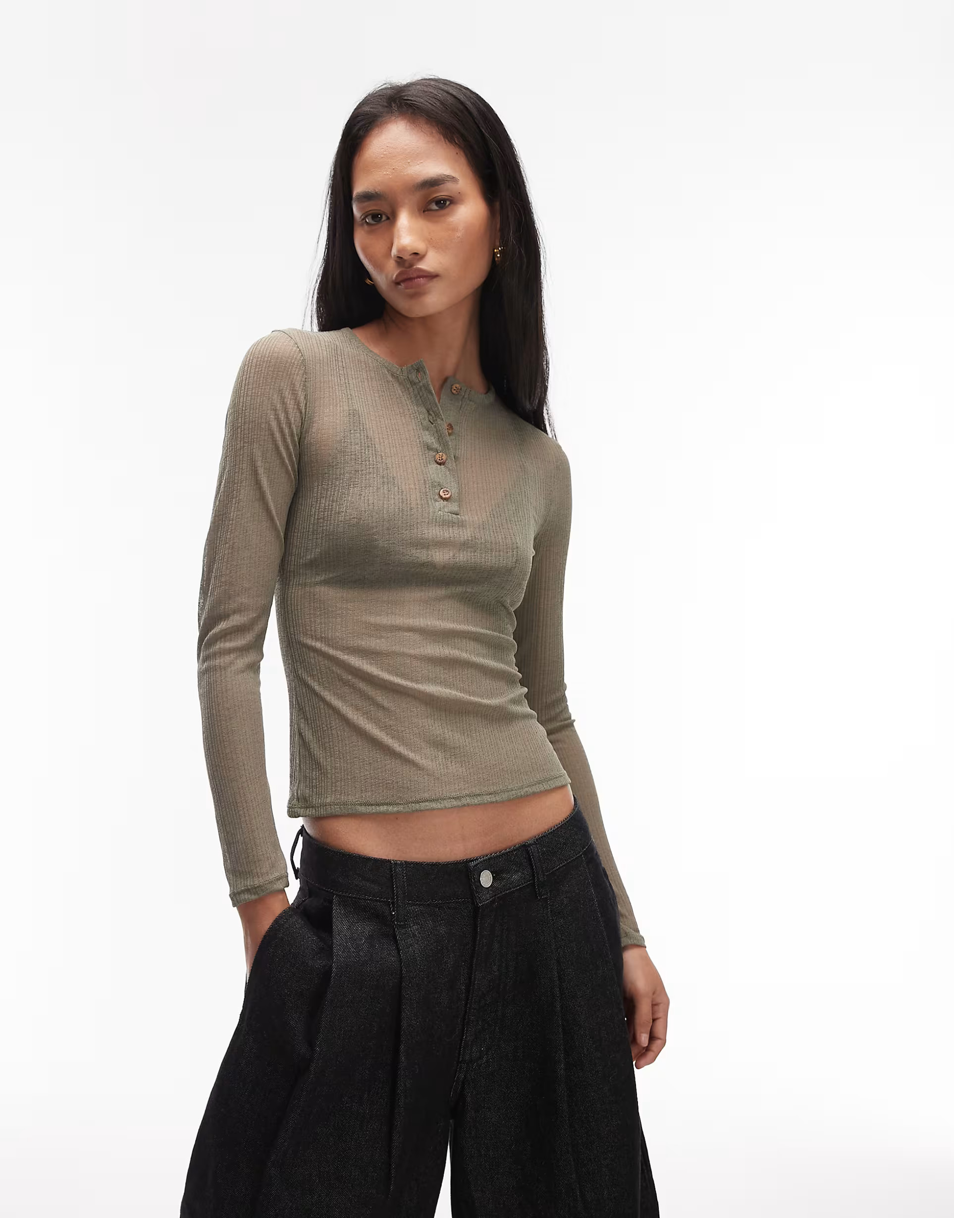 ASOS DESIGN long sleeve sheer onion rib top in khaki | ASOS (Global)