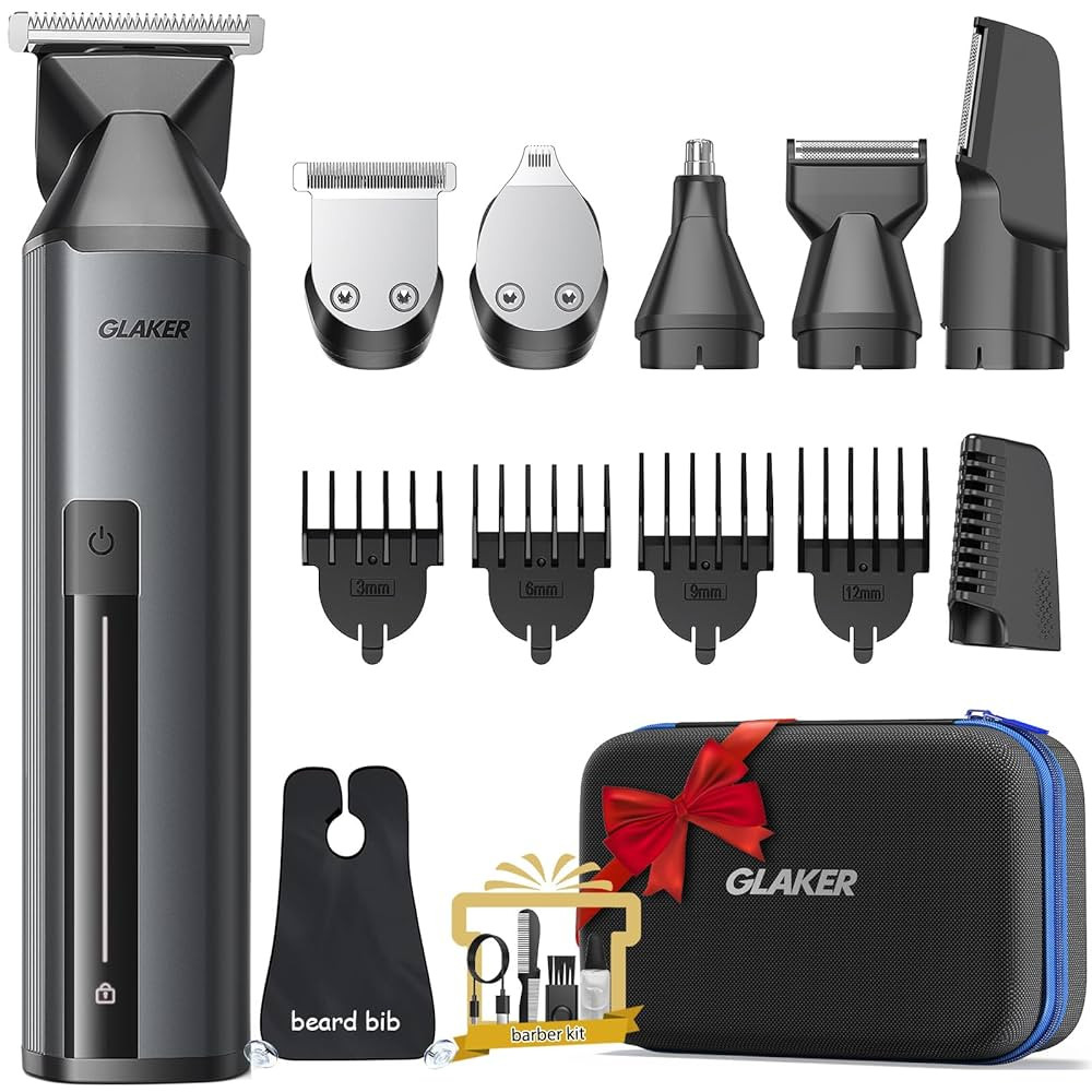 GLAKER Beard Trimmer for Men,Cordless Hair Trimmer,Electric Razor with Interchangeable Magnetic Attachments for Hair Body Facial Trimming,6 in 1 Men Gromming Kit with Storage Bag and Beard Bib Apron | Amazon (US)